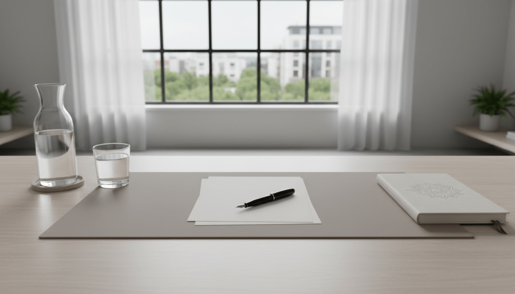 A meticulously organized modern desktop featuring a smooth, matte taupe writing pad, an elegant glass water carafe, and a thick linen-bound notebook subtly embossed with a geometric mandala. The desk sits near a large window framed by pale gray walls, with diffused natural daylight softly illuminating the scene, creating gentle, structured shadows. The mood is calm, professional, and contemplative. Captured from a slightly elevated, eye-level angle for balanced composition. Focused depth of field keeps all objects sharp while maintaining a spacious, uncluttered background. The photographic style emphasizes clean lines, neutral colors, and a corporate, minimalist aesthetic relevant for a professional psychotherapy website.